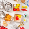 Plastic food toys: 21 wooden pieces and 4 boxes