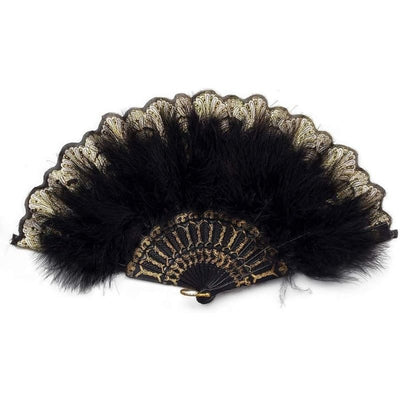 Feather Fan with Embroidered Flowers, Vintage 1920s Style (Black)