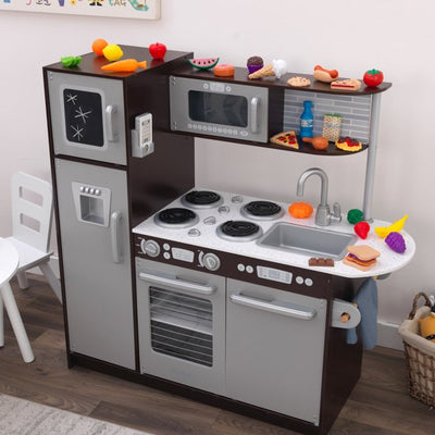 Wooden play kitchen with blackboard and food accessories