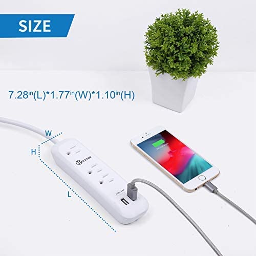 6 Foot Long Extension Cable 3 Outlets 2 USB Ports White 2-Pack