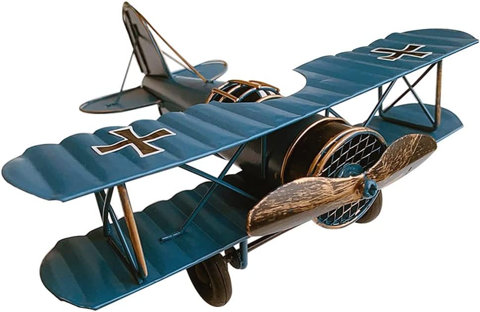 Large Retro Iron Plane Vintage Style Metal Biplane (Blue)