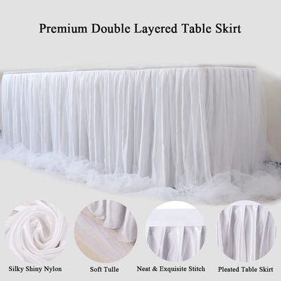 6ft Double Layer Tulle Table Skirt, (White)