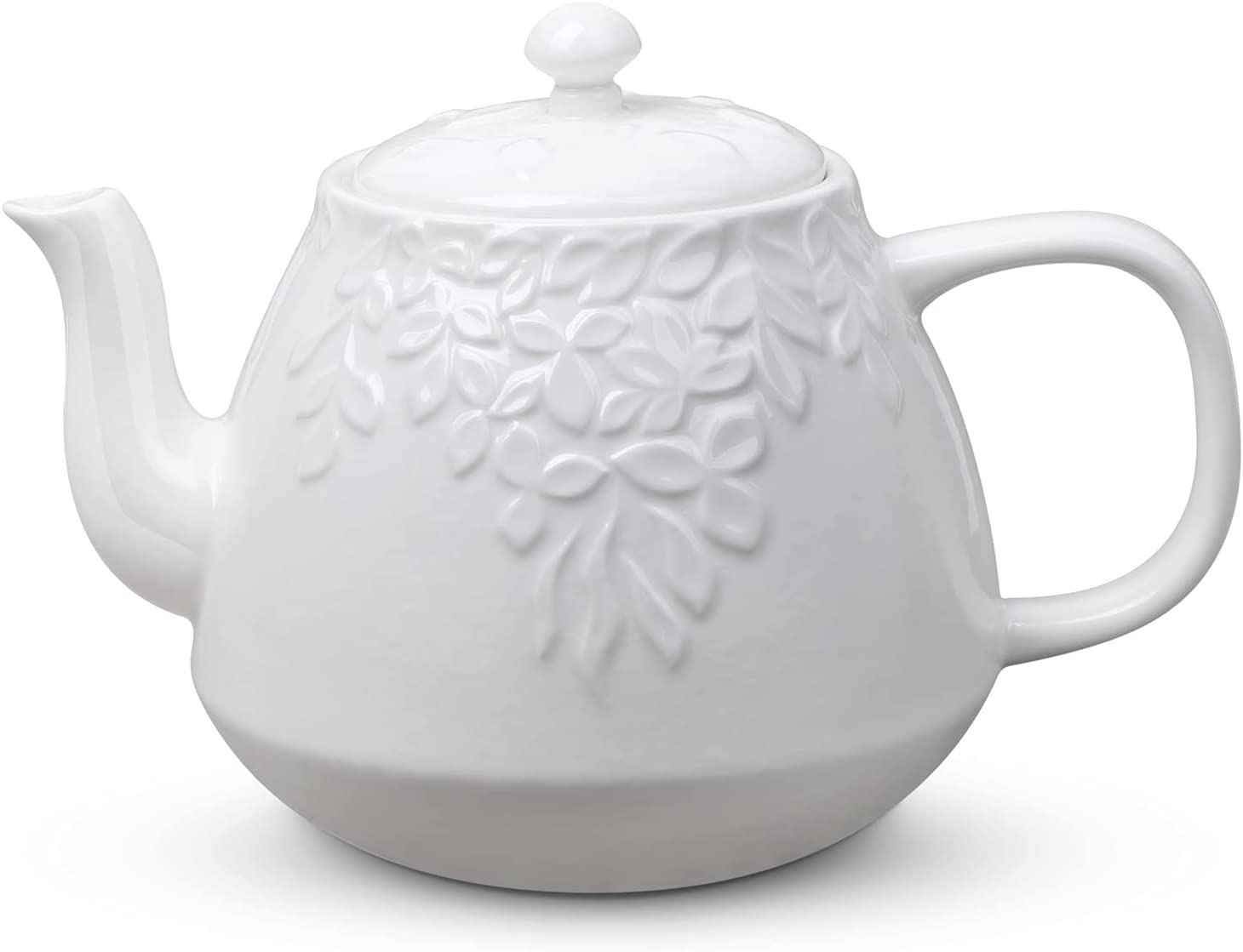 Porcelain Teapot with Infuser, Vintage Style, 37oz, White leaf