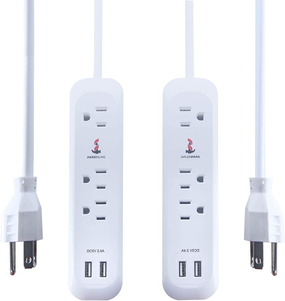 6 Foot Long Extension Cable 3 Outlets 2 USB Ports White 2-Pack