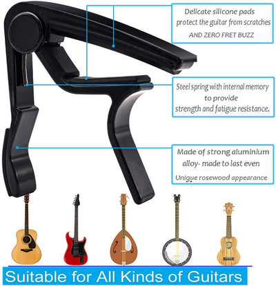 Capo + Tuner for Electric Acoustic Guitar, Ukulele, (Black)