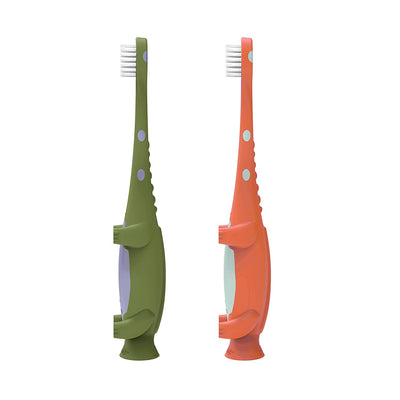 Toothbrush for toddlers, dinosaur, green and orange, pack of 2