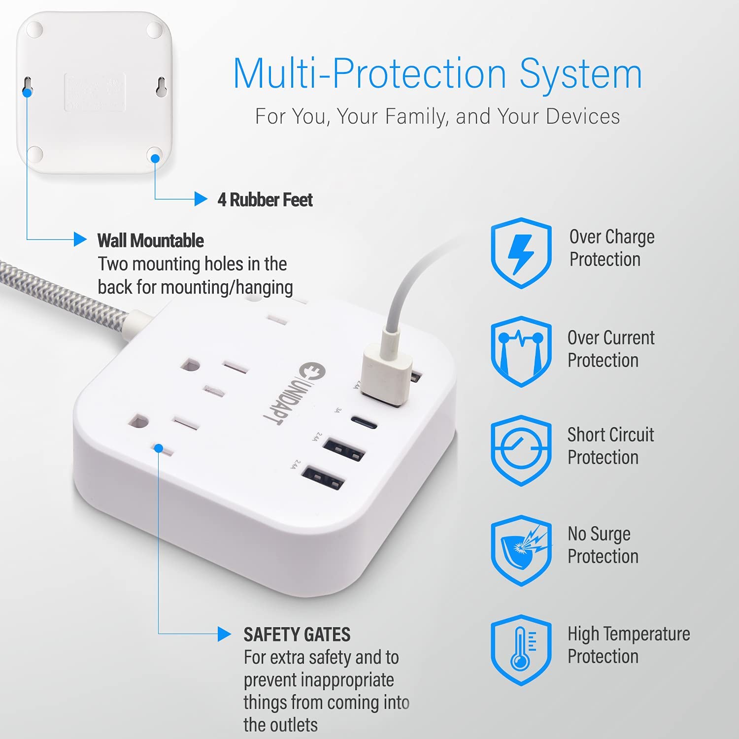 Power strip with USB C, 3 outlets, 5 USB ports (25 W/5 A)