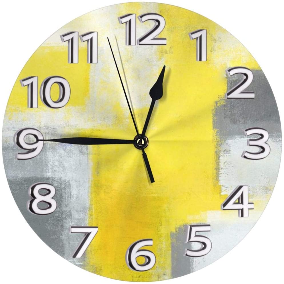 10 Inch Gray and Yellow Abstract Art Battery Operated Wall Clock