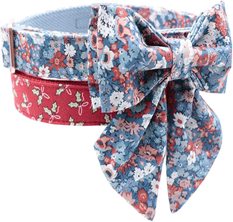 Dog collar, with bow, (size S)color:Blue floral