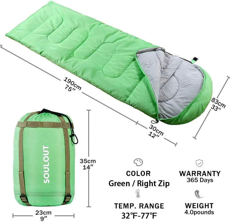 Sleeping Bag - 4 Seasons. Green/Right Zipper