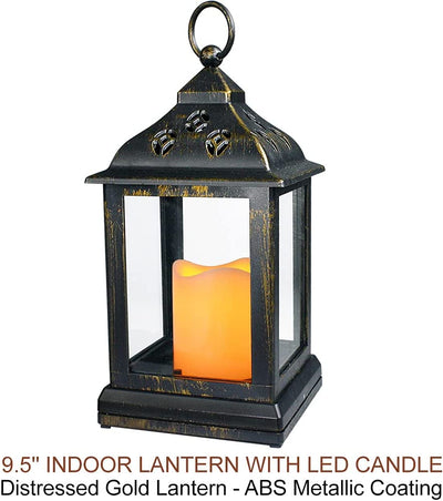 Distressed Gold Candle Lantern ,Warm White Flicker, Pack of 2