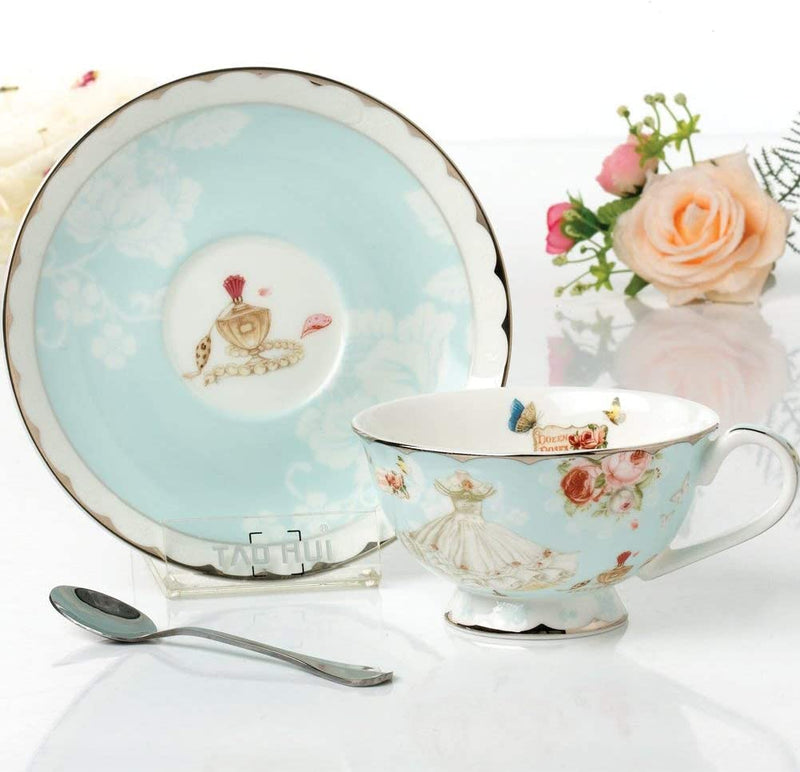 Vintage Tea Cups Saucers Spoons Set, Blue Flower Rose