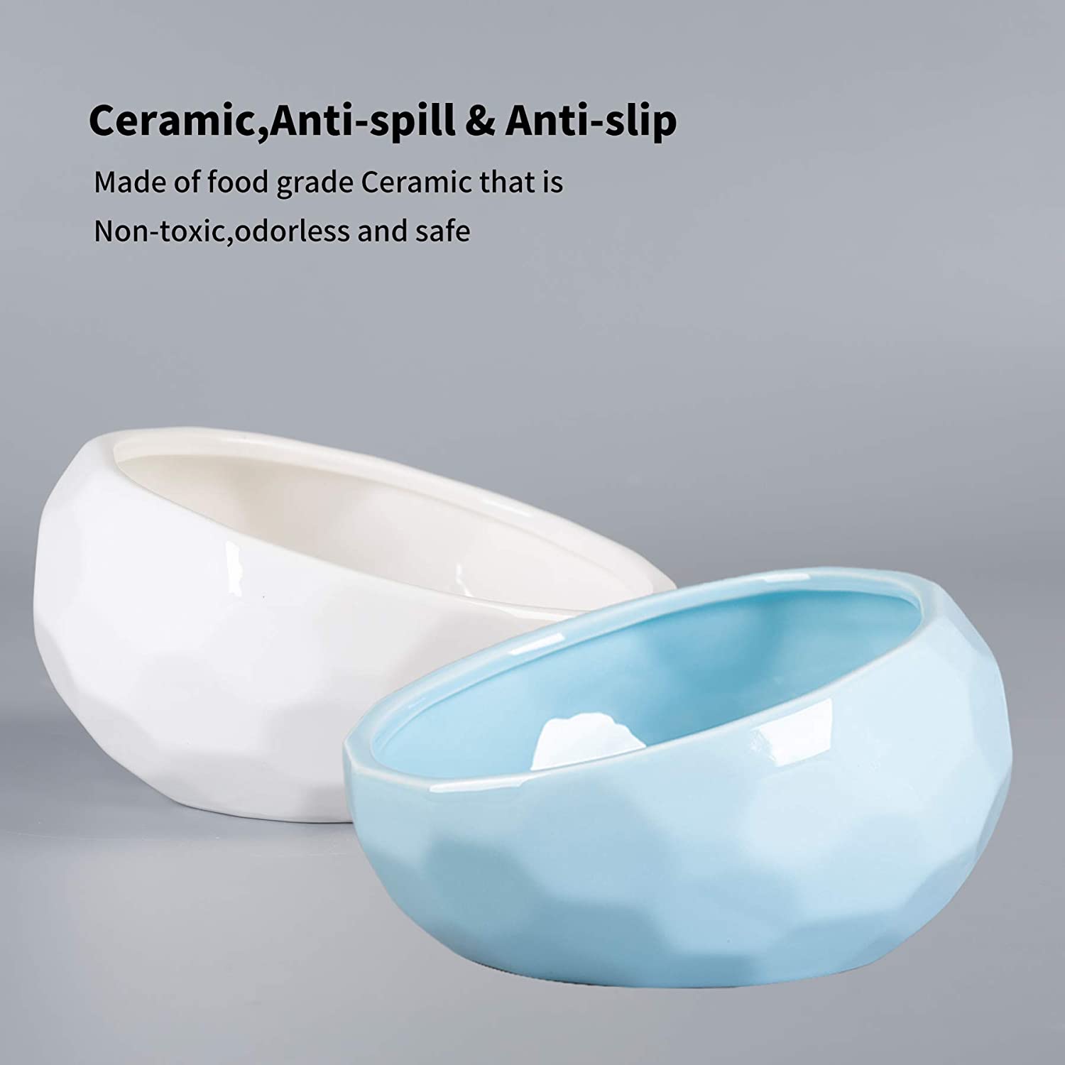 Ceramic Pet Bowls, Set of 2, Non-Slip, 7 Inch (White & Blue)