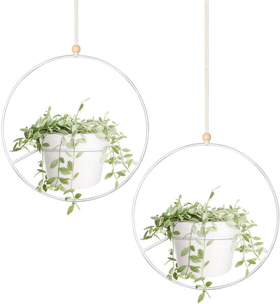 Boho Hanging Planter, Set of 2 Round Metal Plant Hanger with Plastic Plant Pot