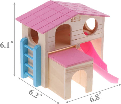 Hamster house with fun ladder, slide, wooden hut, pink