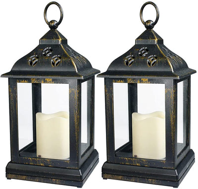 Distressed Gold Candle Lantern ,Warm White Flicker, Pack of 2