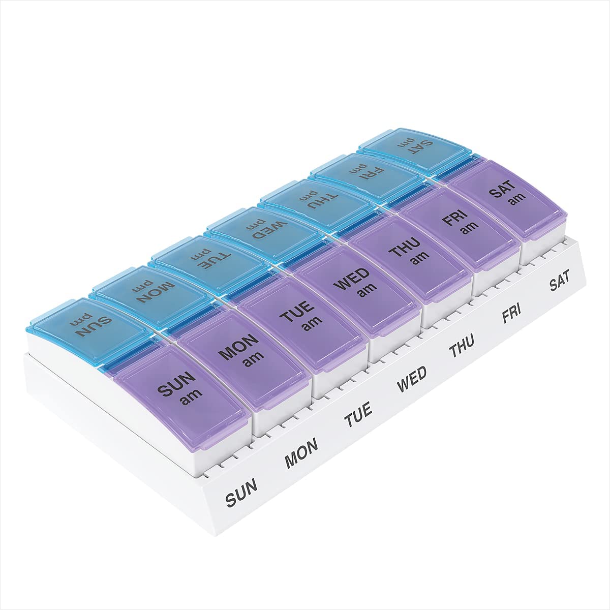 Boxes of weekly pills (7 days) am / pm, blue and purple tapas