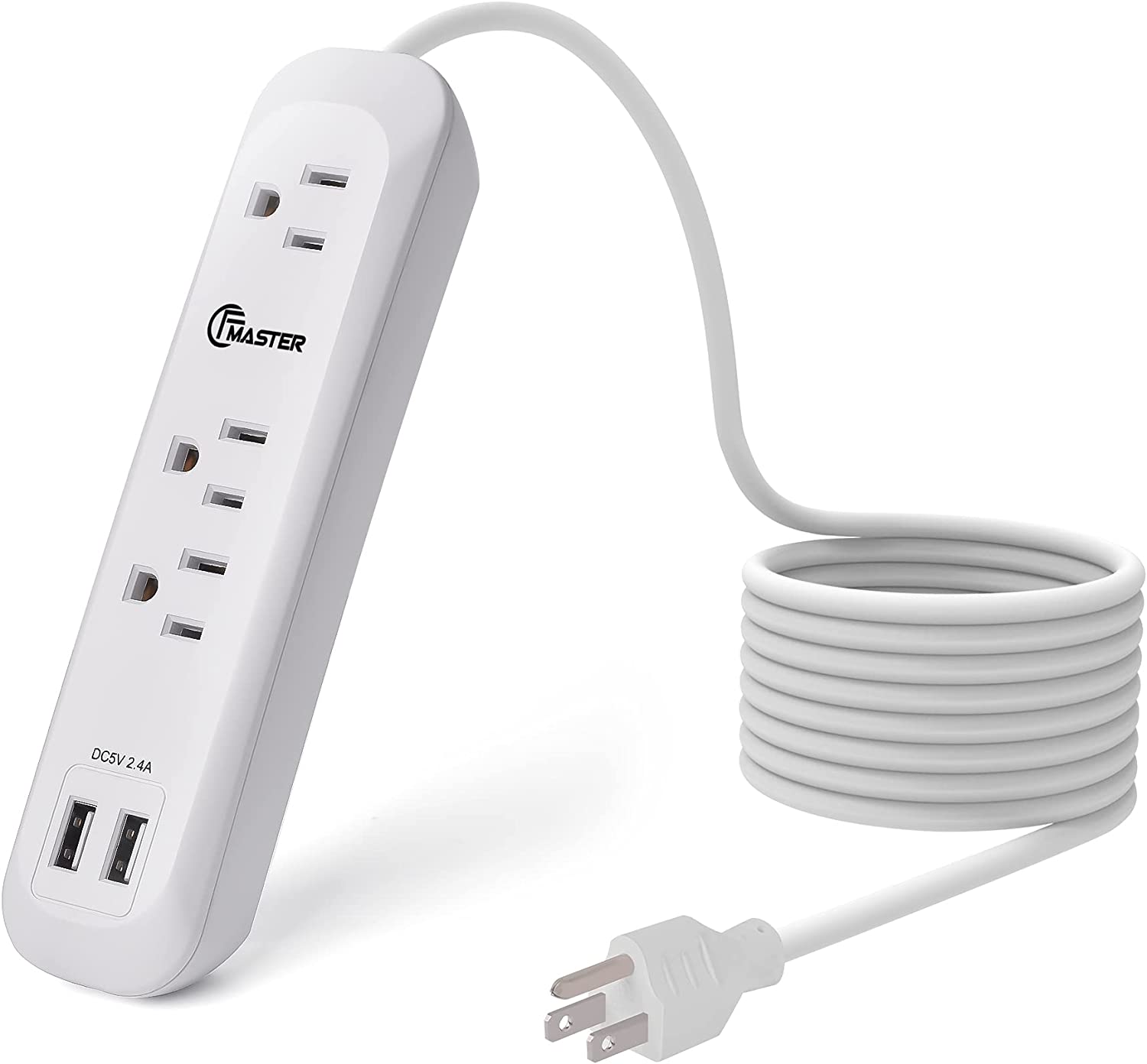 12ft Long Extension Cord, 3 Outlets, 2 USB Ports, White