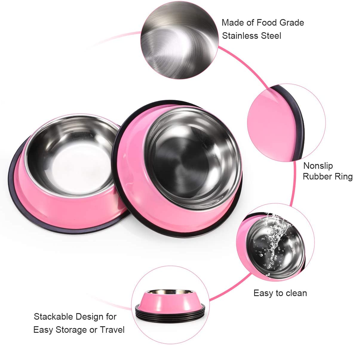 Stainless Steel Pets Bowls, 2 pack, 7 oz ea,pink color