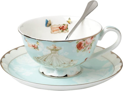 Vintage Tea Cups Saucers Spoons Set, Blue Flower Rose