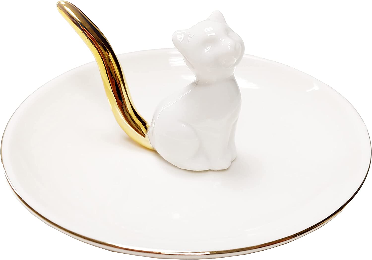 4.5" Glazed Ceramic Ring Dish - Golden Tail Cat