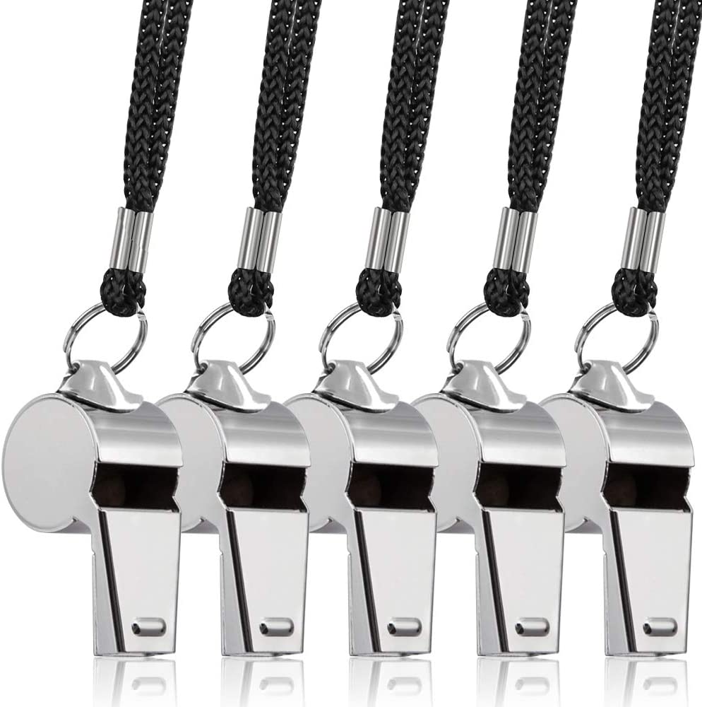 Stainless Steel Whistles with Lanyard, 5-Pack (Silver)