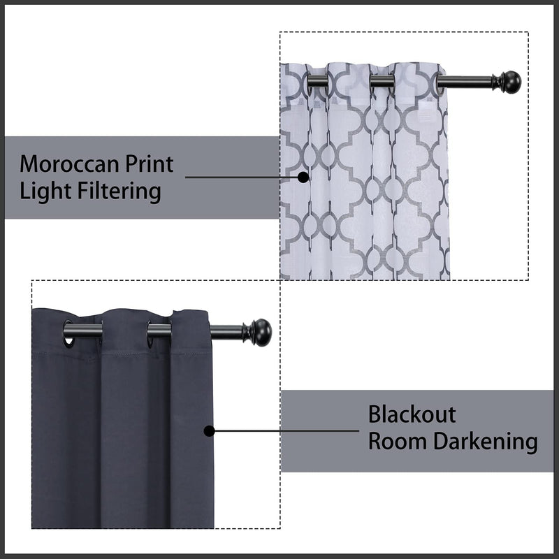 2 Sheer Curtains, 2 Blackout Curtains, Dark Grey, 4 Panels