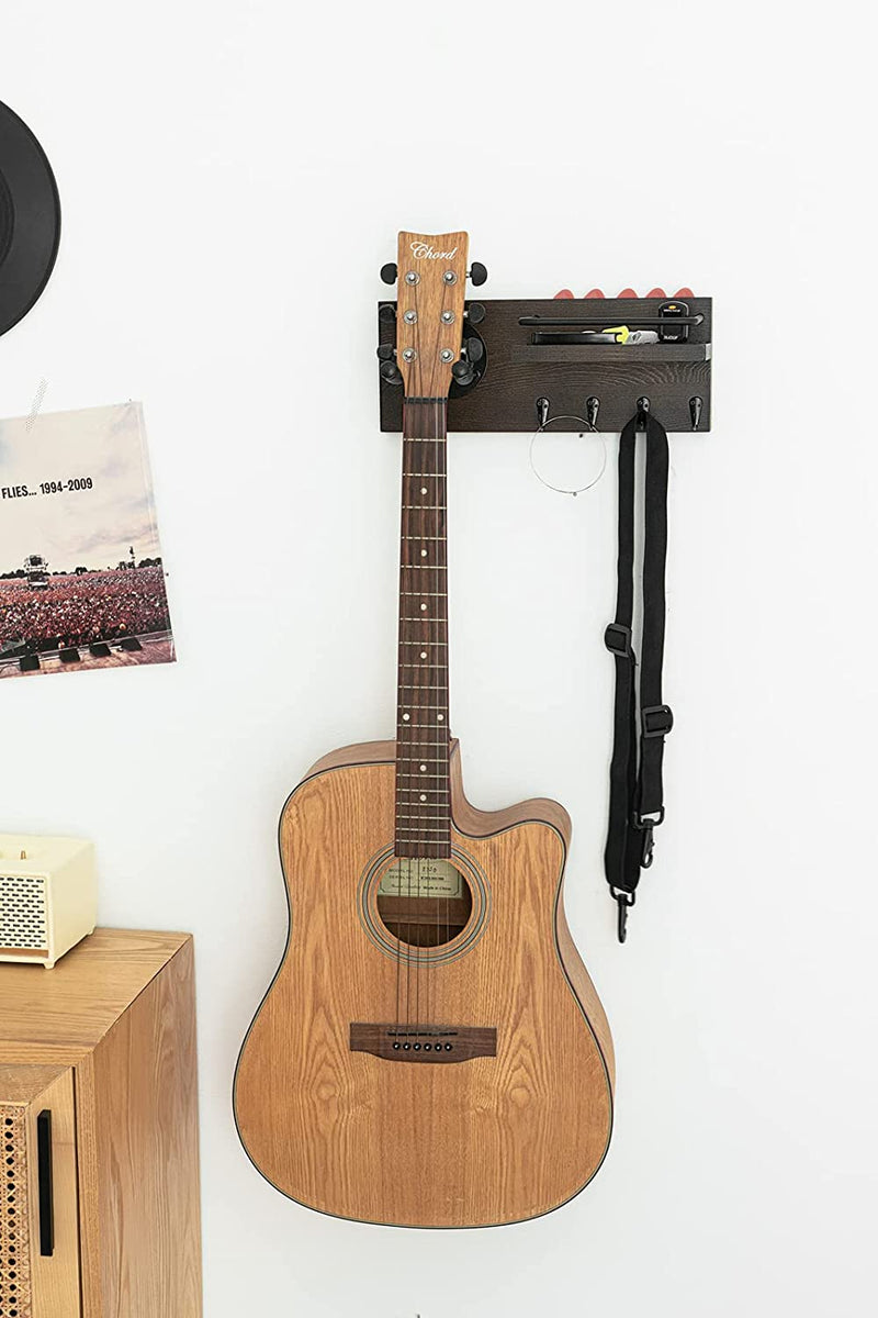 Wooden wall support for guitar and guitar accessories