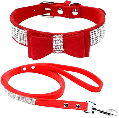 Pet Collar & Leash, Elegant Jeweled, XS, Red-1