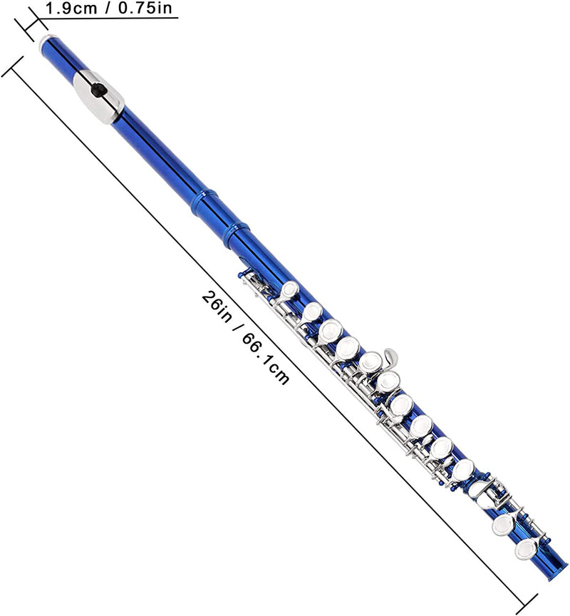 Silver nickel flute with case and cleaning kit (blue)