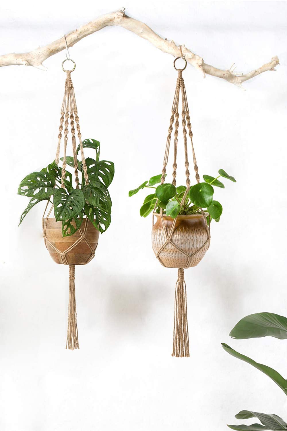 2 Macrame Plant Hangers Indoor Hanging Planter Basket Decorative (Brown)