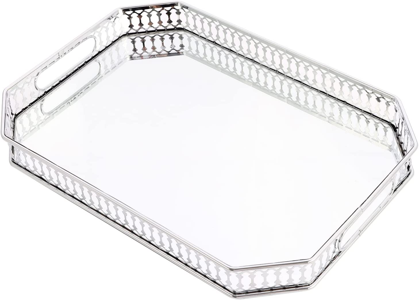 Glass tray, decorative metal, 13.8 x 9.6 x 2.2 inches, Silver