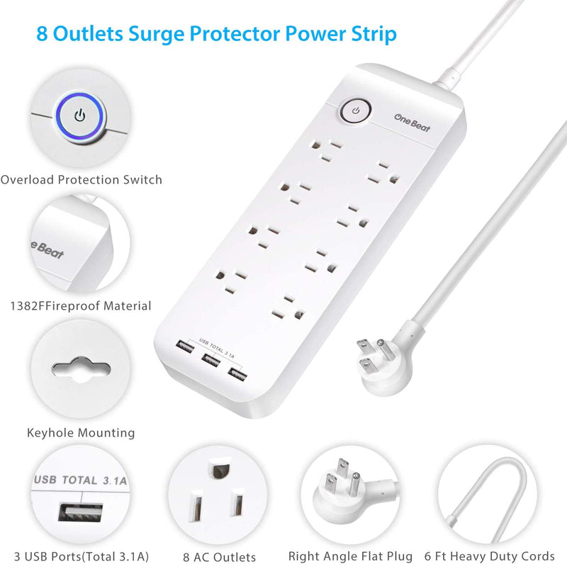 Surge Protector Plug, 8 Outlets, 3 USB Ports, 6 ft, (White)