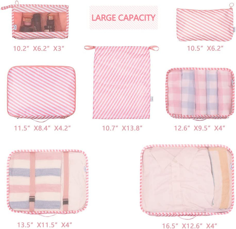 Travel Luggage Organizer Bags (7 Pieces, Pink Stripes Color).