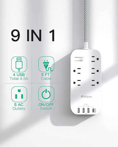 Multiple electrical outlet with 5 outlets and 4 USB ports, 5 feet