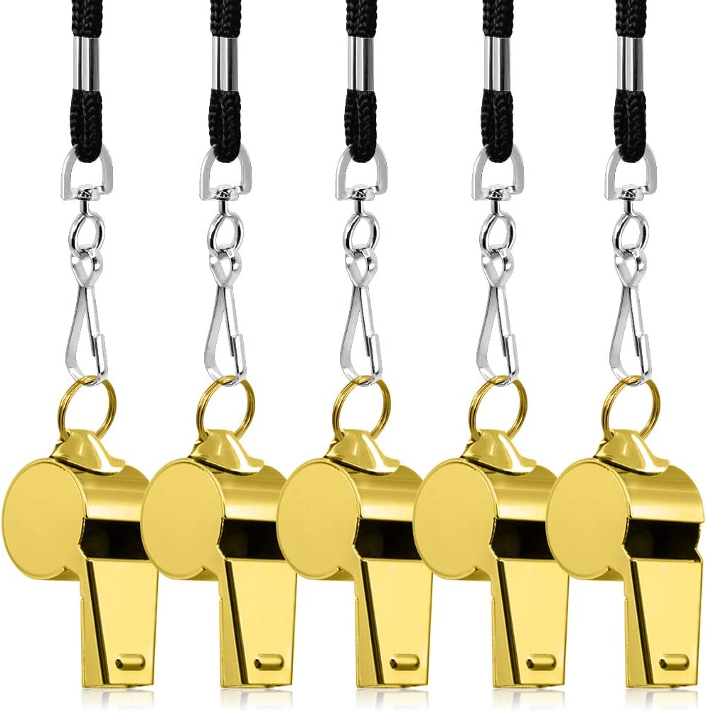 Stainless Steel Whistles with Lanyard, 5-Pack (Yellow)