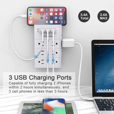 Multiple plug, 12 outlets and 3 USB ports, white