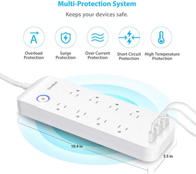 Surge Protector Plug, 8 Outlets, 3 USB Ports, 6 ft, (White)