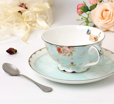 Vintage Tea Cups Saucers Spoons Set, Blue Flower Rose