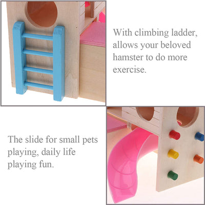 Hamster house with fun ladder, slide, wooden hut, pink