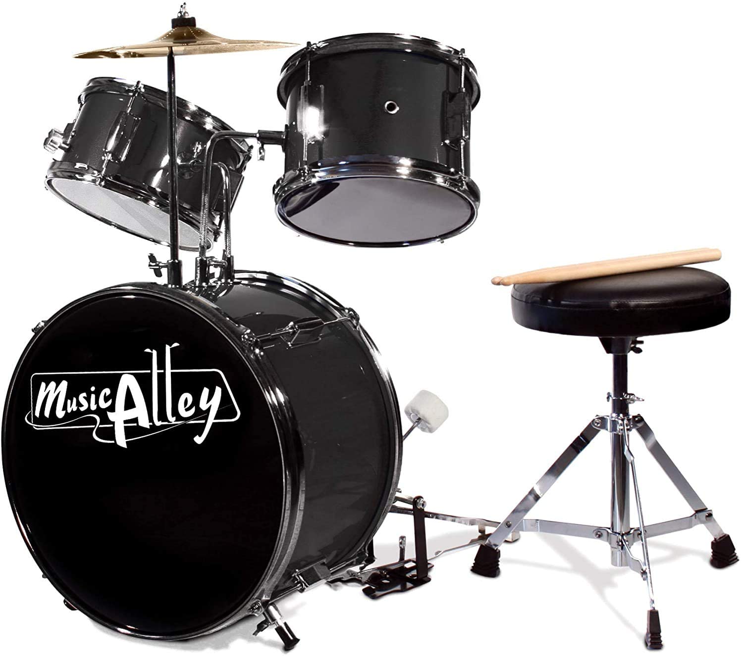 3-Piece Kids Drum Kit,Cymbal,Pedal and Drumsticks,Metallic Black