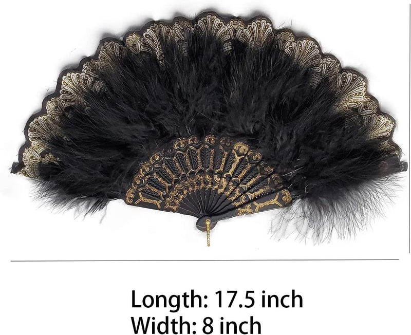 Feather Fan with Embroidered Flowers, Vintage 1920s Style (Black)