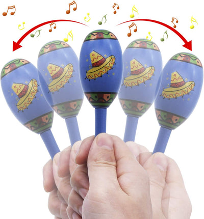 24 Mini wooden maracas with 6 designs, for Mexican parties