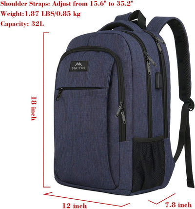 Backpack with USB charging port, 15.6 inches, blue