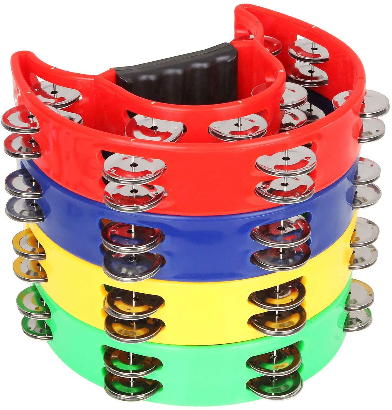 4-Pack 9-Inch Crescent Hand Tambourines, (Multicolor)