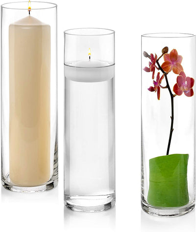 Set of 3 12" Tall Cylindrical Glass Vases for Flowers or Candles