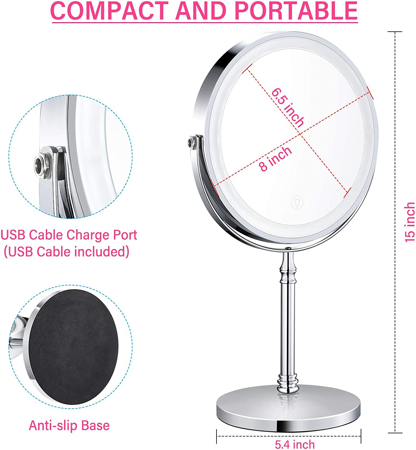 Rechargeable led light makeup mirror, with 8 '' magnifying glass