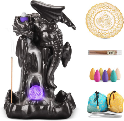 Incense Holder, Ceramic Dragon with Accessories, Black Brown