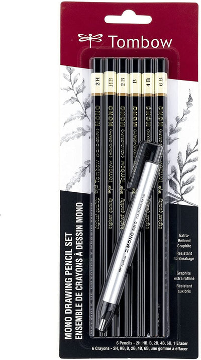 MONO Drawing Pencils, Professional Combo Pack of 6, with Eraser