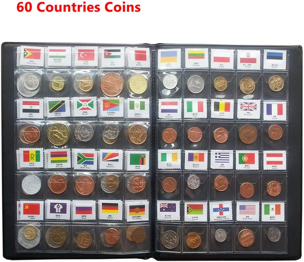 Coins from 60 countries, with leather collection album and flags